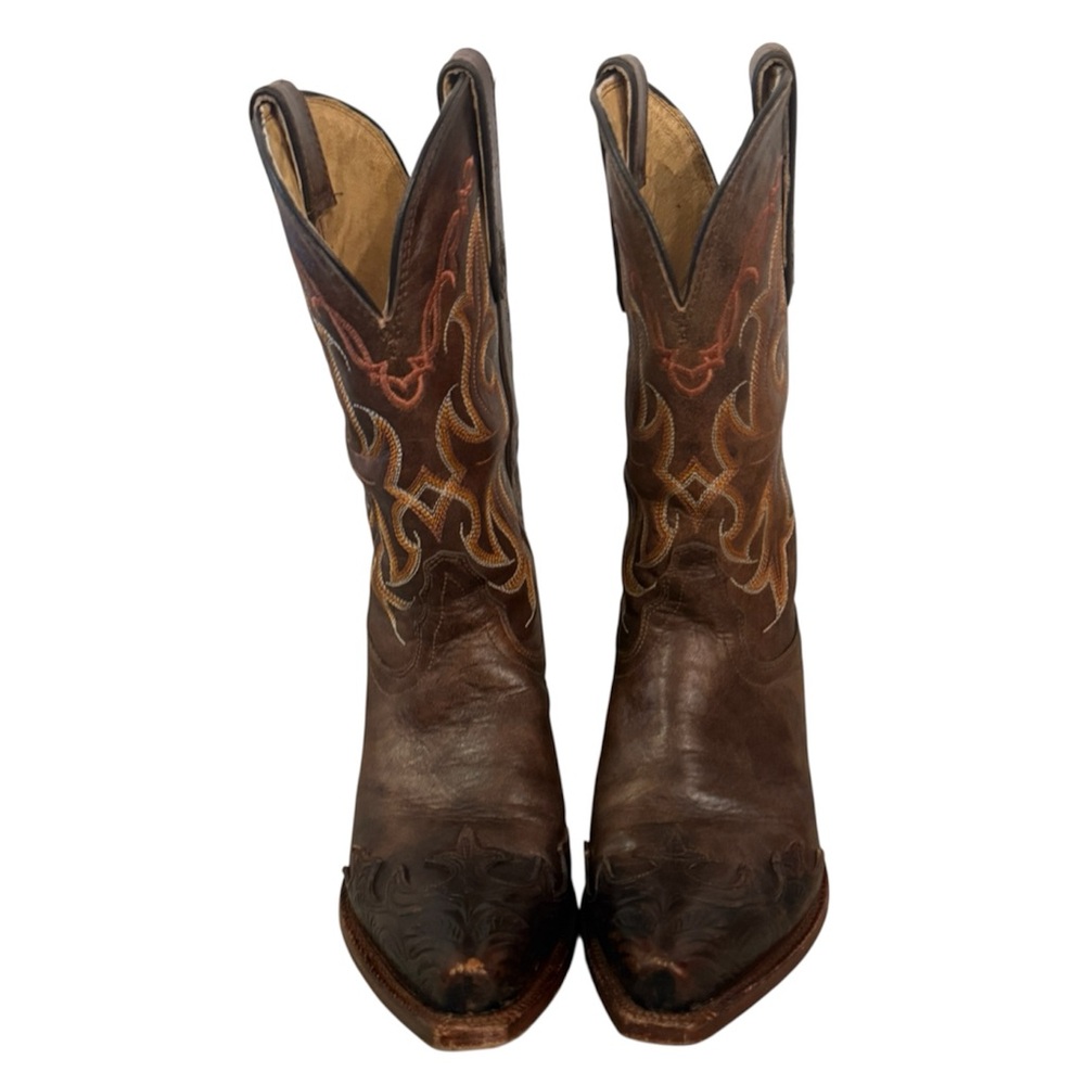 Tony Lama Brown Leather Western Heeled Boots with Tan & Gold Stitching